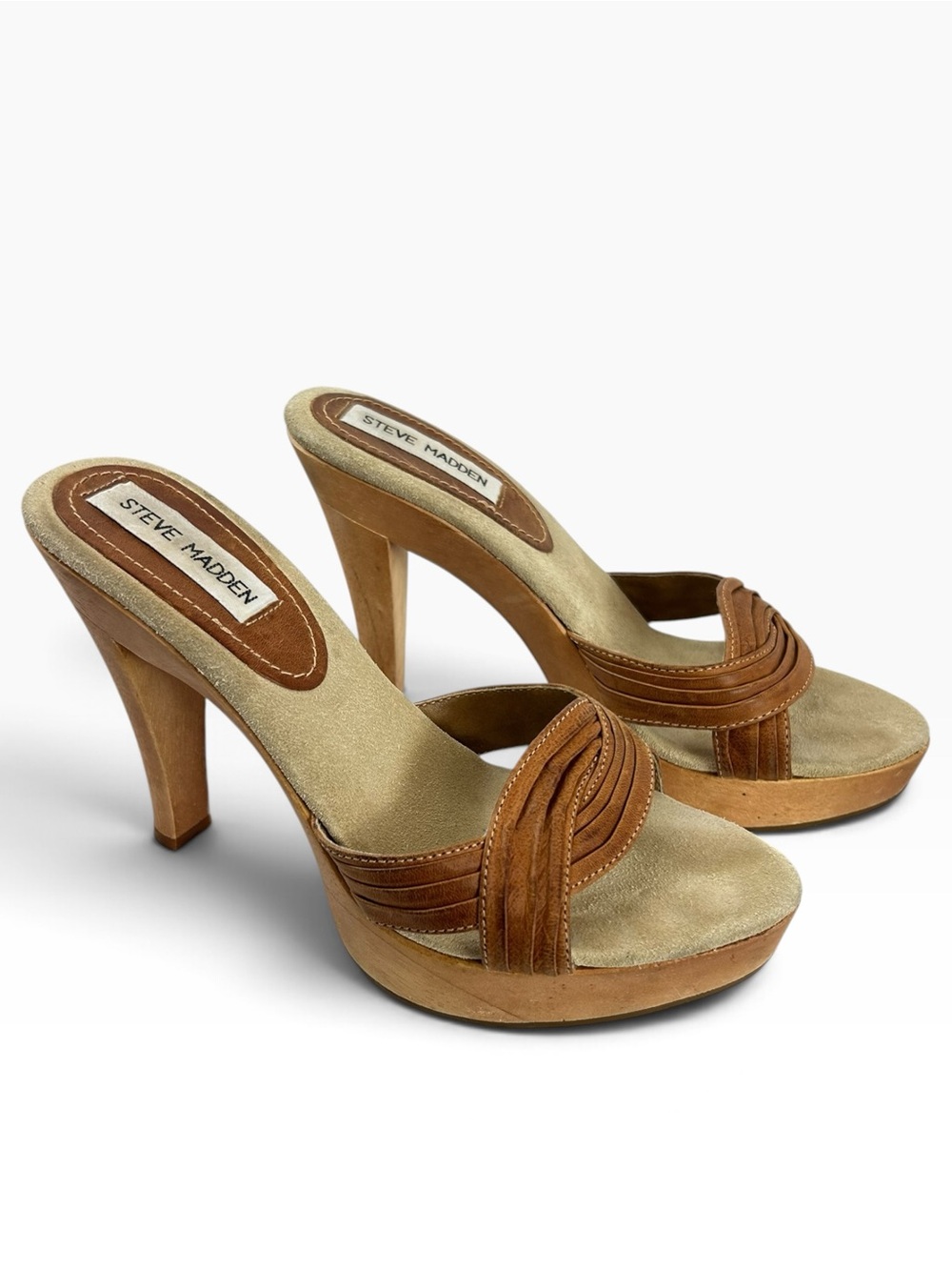 Steve Madden Vintage 90s Y2K Leather Platform Slide Wooden Heels Size 7